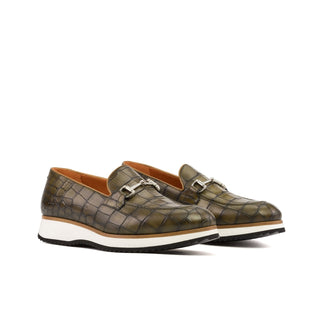 Ambrogio Bespoke Olive Crocodile Embossed Leather Horsebit Loafers (AMB2273)