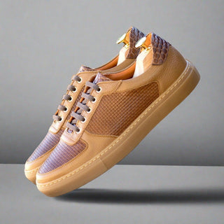 Ambrogio Bespoke Two Tone Brown Crocodile Embossed / Woven and Pebbled Leather Trainer Sneakers (AMB2521)