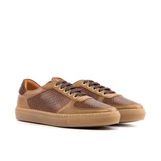 Ambrogio Bespoke Two Tone Brown Crocodile Embossed / Woven and Pebbled Leather Trainer Sneakers (AMB2521)