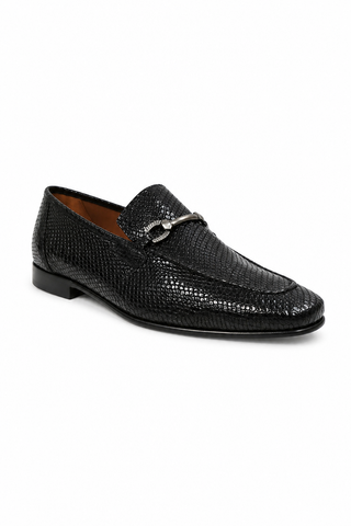 Ambrogio Black Snake Embossed Leather Horsebit Loafers (AMZ1015)