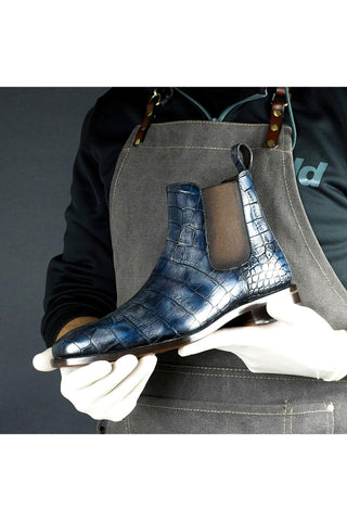 Ambrogio Blue Crocodile Embossed / Dakar Patina Leather Chelsea Boots (AMB1638)