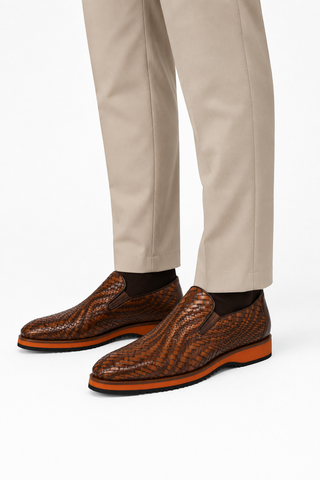 Ambrogio Brown & Cognac Woven Leather Sport Loafers (AMZ1016)