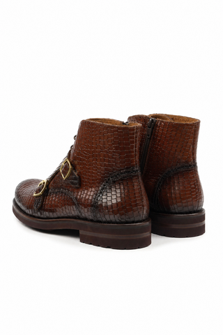 Ambrogio Brown Crocodile Embossed / Leather Monk-Straps Chukka Boots (AMBS2014-RTW)