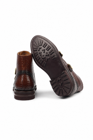 Ambrogio Brown Crocodile Embossed / Leather Monk-Straps Chukka Boots (AMBS2014-RTW)