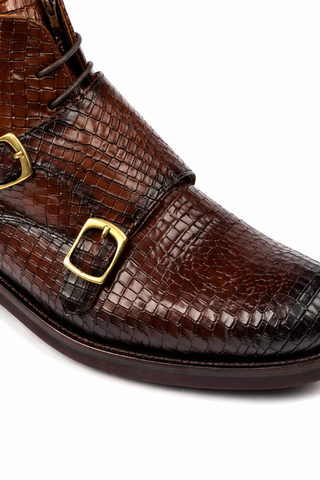 Ambrogio Brown Crocodile Embossed / Leather Monk-Straps Chukka Boots (AMBS2014-RTW)