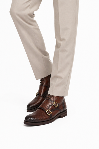 Ambrogio Brown Crocodile Embossed / Leather Monk-Straps Chukka Boots (AMBS2014-RTW)