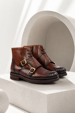 Ambrogio Brown Crocodile Embossed / Leather Monk-Straps Chukka Boots (AMBS2014-RTW)