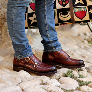 Ambrogio Brown Crocodile Print / Calf-Skin Leather Monk-Straps Chukka Boots (AMBS2014-RTW)-AmbrogioShoes