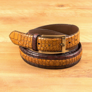Ambrogio Burgundy & Cognac Crocodile Embossed / Polished Leather Venice Custom Men's Belt (AMBB1038)