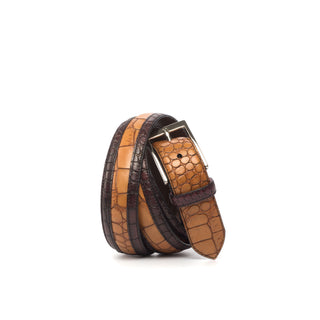 Ambrogio Burgundy & Cognac Crocodile Embossed / Polished Leather Venice Custom Men's Belt (AMBB1038)