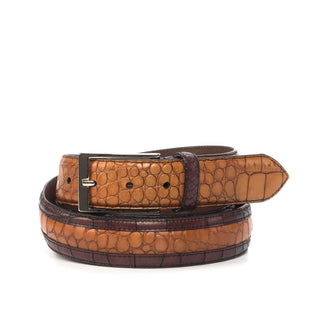 Ambrogio Burgundy & Cognac Crocodile Embossed / Polished Leather Venice Custom Men's Belt (AMBB1038)