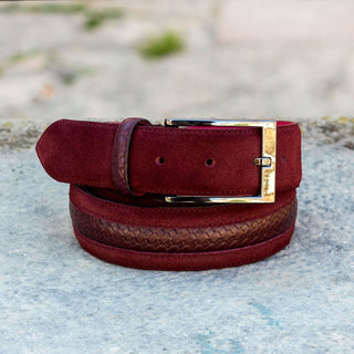 Ambrogio 3568 Burgundy Lux Suede / Calf-Skin Leather Venice Men's Belt (AMBB1004)-AmbrogioShoes