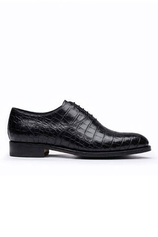 Black Ambrogio "Cyrus" Alligator Wholecut Oxford dress shoe with natural scale pattern and sleek, uninterrupted design.