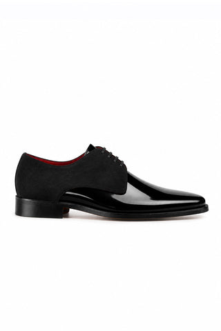 Black Ambrogio Dante 2 Suede & Patent Derby shoe with a square toe and red lining.