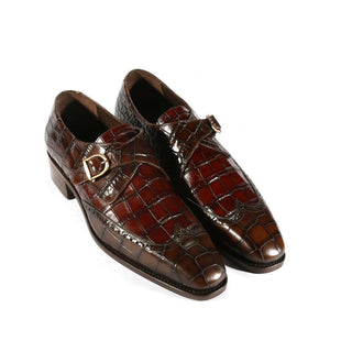 Ambrogio Dark Brown & Burgundy Crocodile Print / Calf-Skin Leather Monk Strap (AMBX1001)-AmbrogioShoes