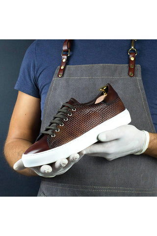 Ambrogio Fire Orange Pattern Embossed / Patina Leather Casual Sneakers (AMB1655)