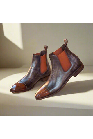 Ambrogio Gray & Brown Crust Patina Leather Cap-Toe Chelsea Boots (AMB1027)