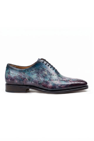 Ambrogio Lucente wholecut Oxford in teal and purple Cygnus Cezanne patina hand-painted calfskin leather.