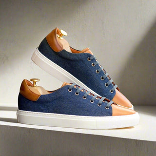 Ambrogio Luxury Cognac & Navy Jeans / Leather Trainer Sneakers (AMB2546)