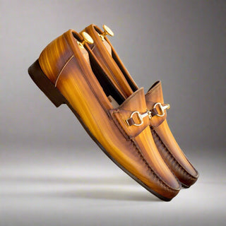 Ambrogio Luxury Men's Shoes Cognac Patina Leather Moccasin Horsebit Loafers (AMB2533)-AmbrogioShoes