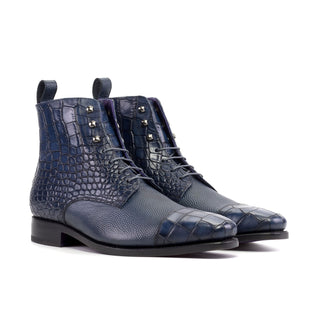 Ambrogio Luxury Men's Shoes Navy Crocodile Print / Pebble Grain Leather Jumper Boots (AMB2545)-AmbrogioShoes