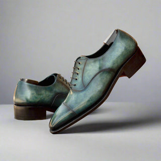 Ambrogio Luxury Men's Shoes Turquoise Patina Leather Cap-Toe Oxfords (AMB2538)-AmbrogioShoes