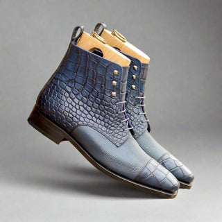Ambrogio Luxury Navy Crocodile Embossed / Pebble Grain Leather Jumper Boots (AMB2545)