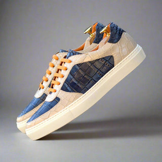 Ambrogio Luxury Navy & Nude Crocodile Embossed Leather Trainer Sneakers (AMB2543)
