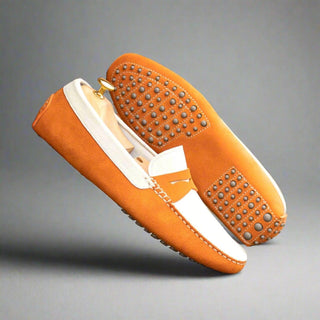 Ambrogio Luxury White & Orange Suede Driver Loafers (AMB2541)
