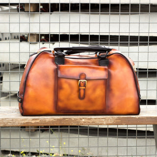 Ambrogio 3511 Men's Bag Cognac & Black Calf-Skin Leather Travel Duffle Bag (AMBH1005)-AmbrogioShoes
