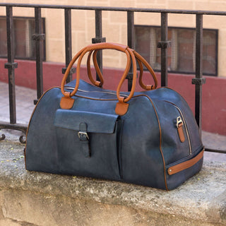 Ambrogio 2951 Men's Bag Cognac, Brown & Navy Full Grain Calf-Skin Leather Travel Duffle Bag (AMBH1004)-AmbrogioShoes