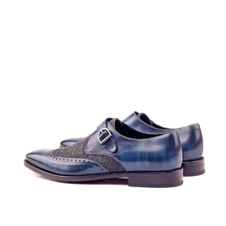 Ambrogio Men's Handmade Custom Made Shoes Black & Blue Texture Print / Patina Leather Monk-Straps Loafers (AMB1062)-AmbrogioShoes