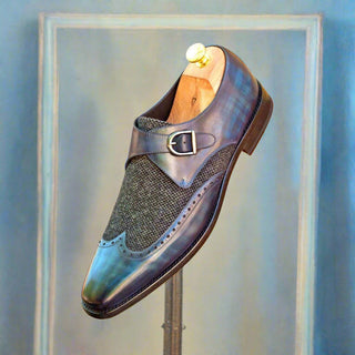 Ambrogio Men's Handmade Custom Made Shoes Black & Blue Texture Print / Patina Leather Monk-Straps Loafers (AMB1062)-AmbrogioShoes