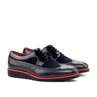 Ambrogio 3357 Men's Shoes Black Crocodile Print / Suede / Patent Leather Longwing Blucher Oxfords (AMB1217)-AmbrogioShoes