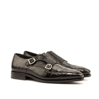 Ambrogio 3644 Men's Shoes Black Exotic Alligator Monk-Straps Loafers (AMB1125)-AmbrogioShoes