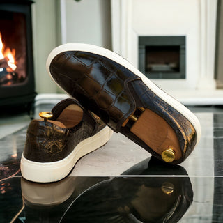 Ambrogio Men's Handmade Custom Made Shoes Black Exotic Alligator Slip-On Sneakers (AMB1080)