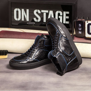 Ambrogio Men's Handmade Custom Made Shoes Black Exotic Snake-Skin High Top Sneakers (AMB1114)-AmbrogioShoes