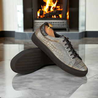 Ambrogio Men's Handmade Custom Made Shoes Black & Gray Exotic Alligator Casual Trainer Sneakers (AMB1084)