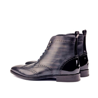 Ambrogio 2615 Men's Shoes Black & Gray Patent / Patina Leather Military Brogue Boots (AMB1094)-AmbrogioShoes