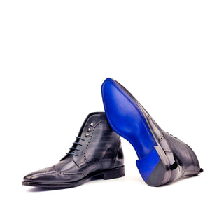 Ambrogio Men's Handmade Custom Made Shoes Black & Gray Patent / Patina Leather Military Brogue Boots (AMB1094)-AmbrogioShoes