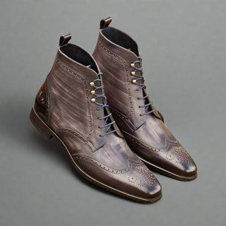 Ambrogio Men's Handmade Custom Made Shoes Black & Gray Patent / Patina Leather Military Brogue Boots (AMB1094)-AmbrogioShoes