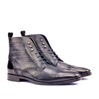 Ambrogio Men's Handmade Custom Made Shoes Black & Gray Patent / Patina Leather Military Brogue Boots (AMB1094)-AmbrogioShoes