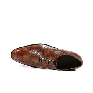 Ambrogio Men's Handmade Custom Made Shoes Brown Ancient Egyptian Print / Patina Leather Whole-Cut Oxfords (AMB1479)-AmbrogioShoes