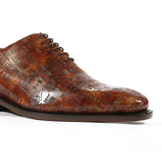 Ambrogio Men's Handmade Custom Made Shoes Brown Ancient Egyptian Print / Patina Leather Whole-Cut Oxfords (AMB1479)-AmbrogioShoes