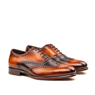 Ambrogio 2509 Men's Shoes Brown & Cognac Patina Leather Brogue Wingtip Oxfords (AMB1172)-AmbrogioShoes