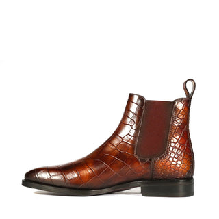 Ambrogio Men's Handmade Custom Made Shoes Brown Crocodile Print / Nairodi Patina Leather Chelsea Boots (AMB1637)-AmbrogioShoes