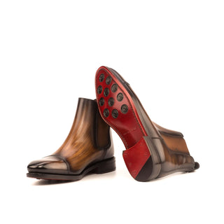 Ambrogio Men's Handmade Custom Made Shoes Brown Crust Patina Leather Cap-Toe Chelsea Boots (AMB1030)-AmbrogioShoes