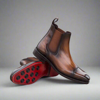 Ambrogio Men's Handmade Custom Made Shoes Brown Crust Patina Leather Cap-Toe Chelsea Boots (AMB1030)-AmbrogioShoes