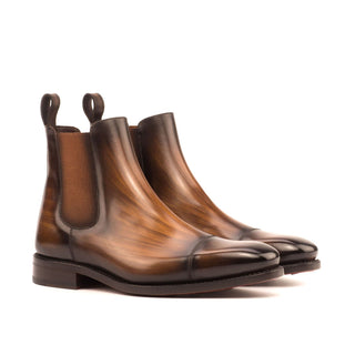 Ambrogio Men's Handmade Custom Made Shoes Brown Crust Patina Leather Cap-Toe Chelsea Boots (AMB1030)-AmbrogioShoes