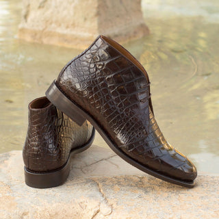 Ambrogio Men's Handmade Custom Made Shoes Brown Exotic Alligator Chukka Boots (AMB1113)-AmbrogioShoes